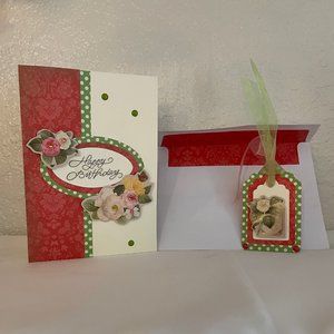 2 pc. Happy Birthday Flower Greeting Card and Gift Tag Handmade